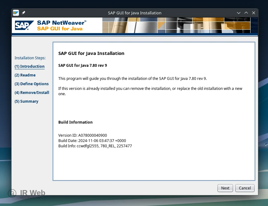 Tampilan wizard instalasi SAP GUI for Java di Manjaro.