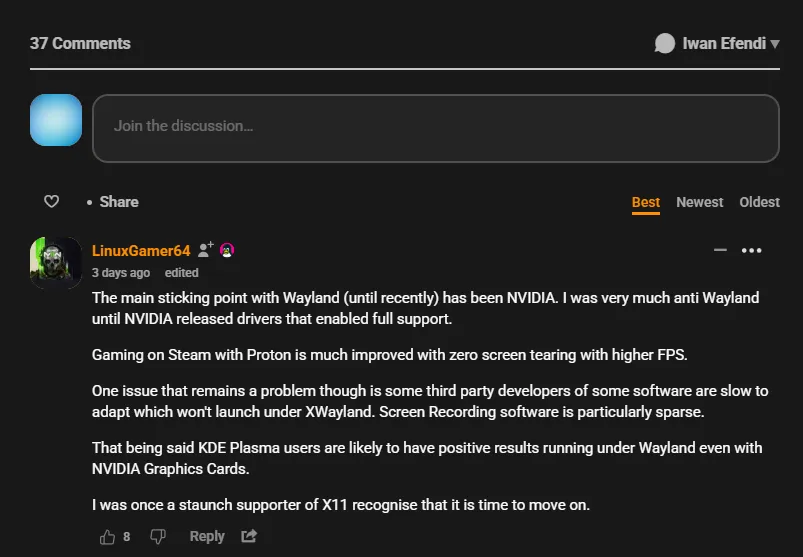 Komentar dari pengguna LinuxGamer64 tentang pengalamannya dengan Wayland dan NVIDIA.