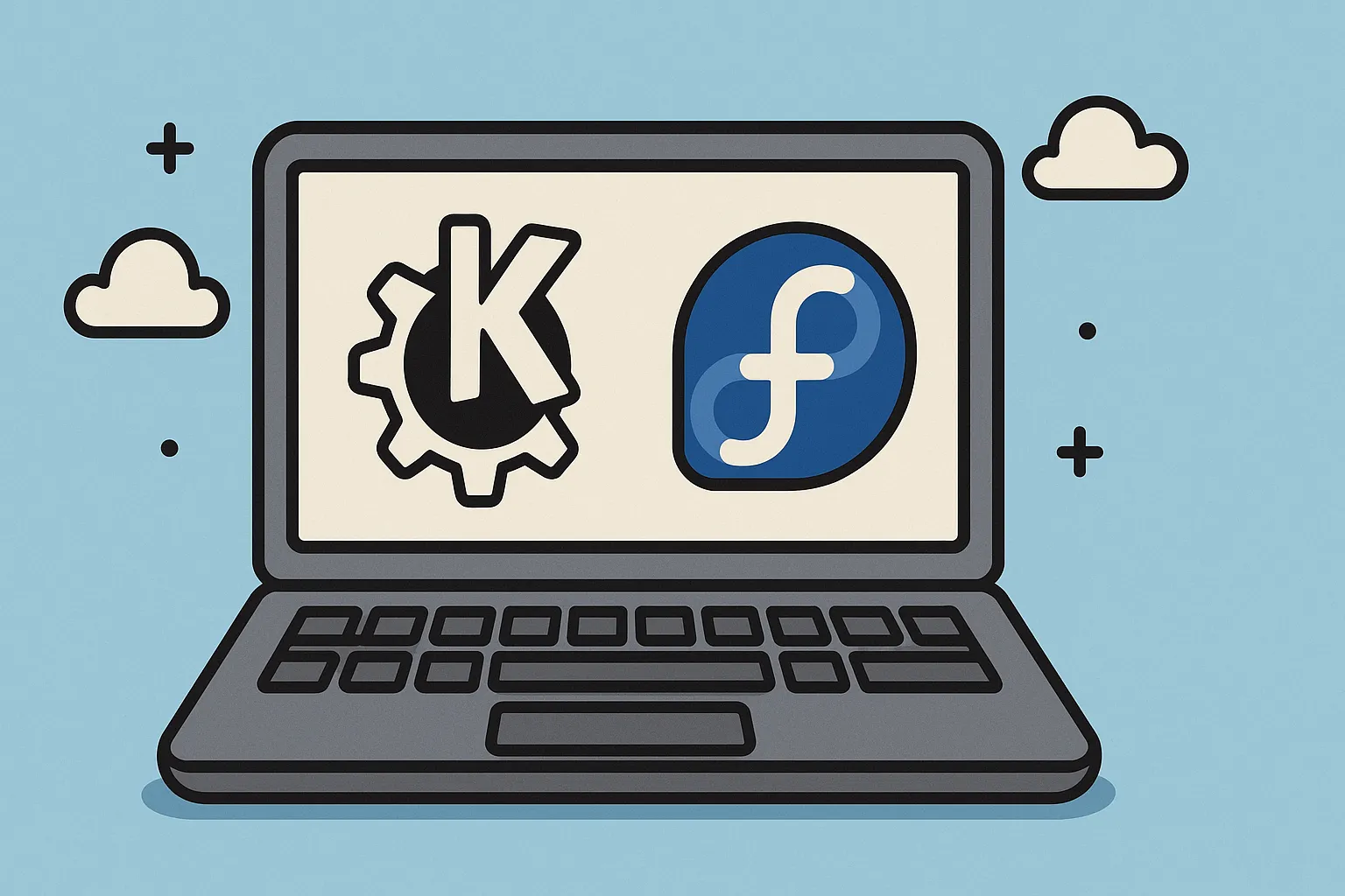 Logo KDE Plasma berdampingan dengan logo Fedora