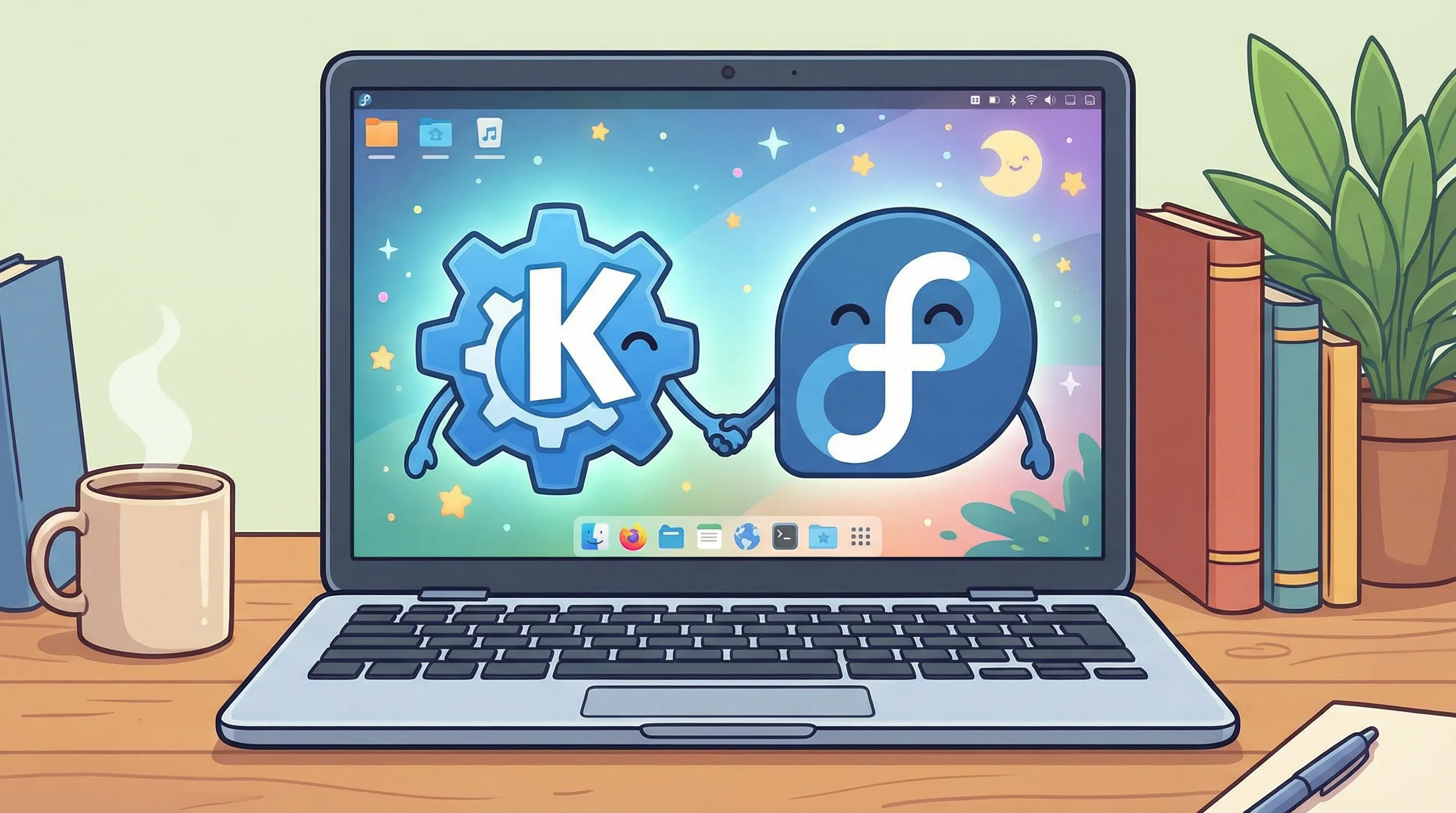 Logo KDE Plasma di samping logo Fedora, melambangkan pengalaman di laptop.
