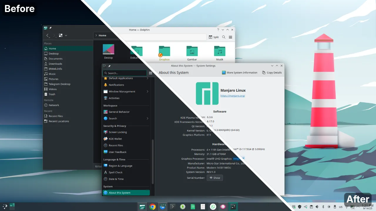 Kolase tema Manjaro KDE Breath terang dan gelap