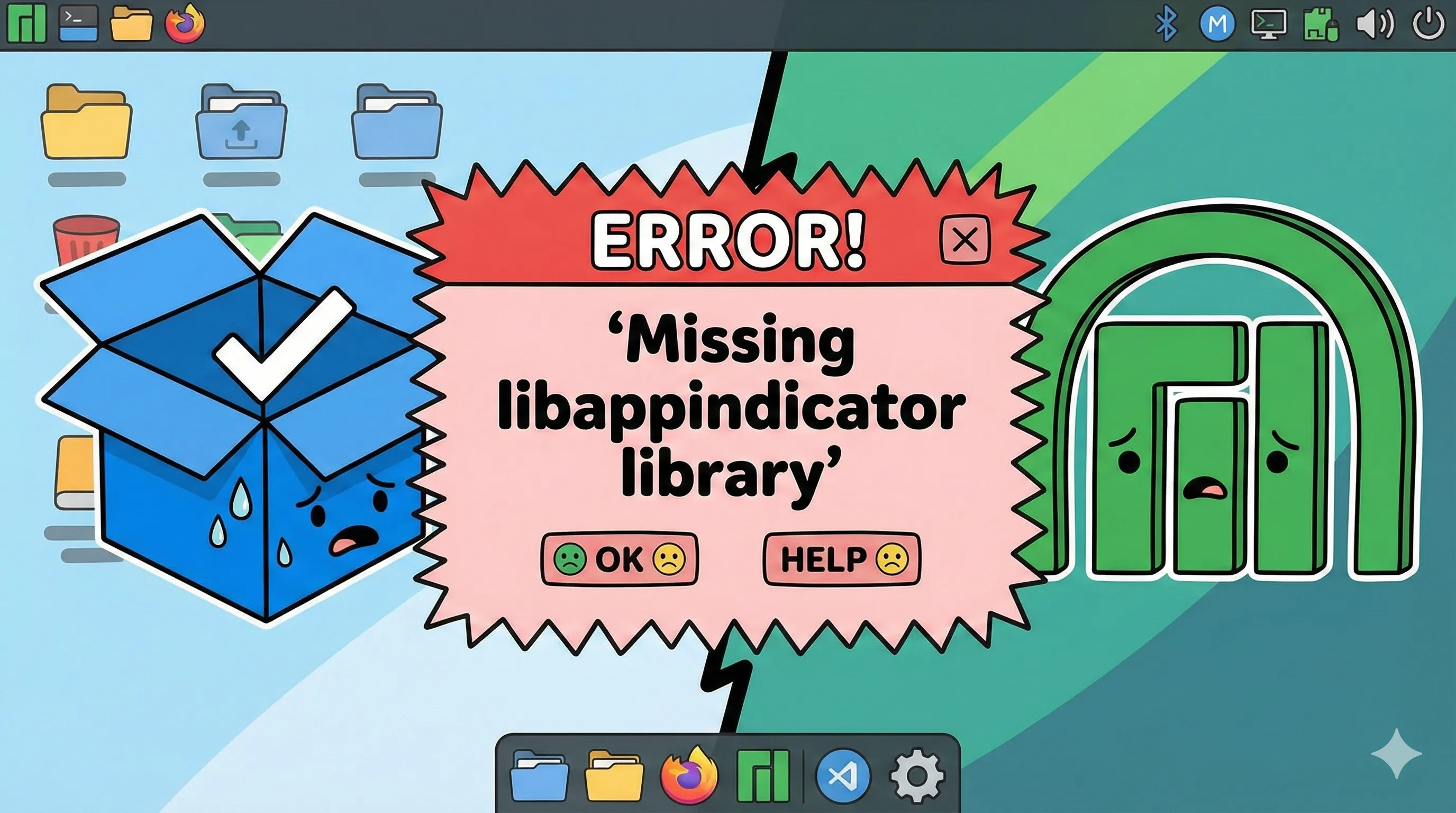 Logo Dropbox dan Manjaro dengan notifikasi error 'Missing libappindicator library'.
