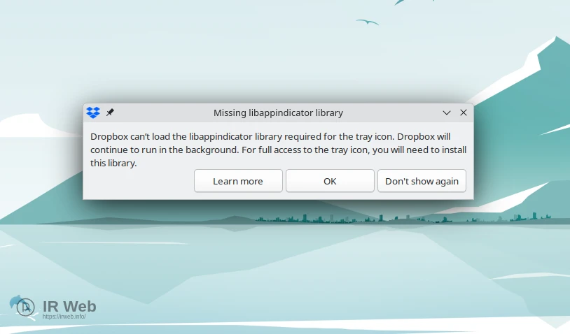 Tangkapan layar notifikasi error 'Missing libappindicator library' dari Dropbox.