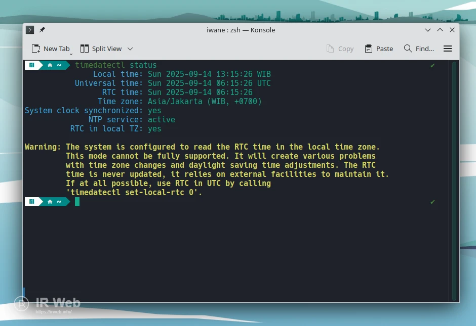 Tangkapan layar terminal yang menunjukkan hasil dari perintah 'timedatectl status' setelah perubahan.