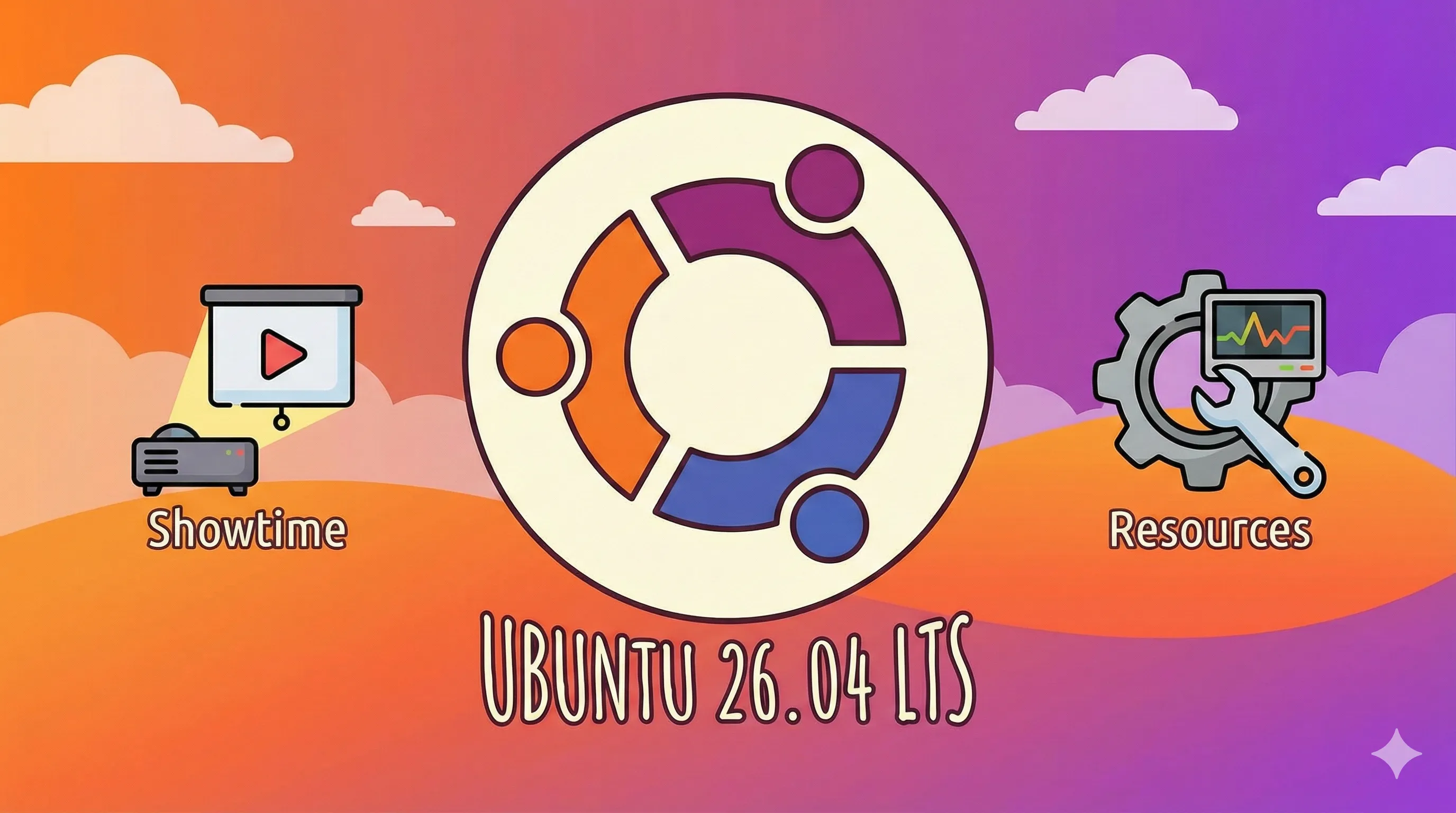 Logo Ubuntu 26.04 LTS dengan logo aplikasi Showtime dan Resources.