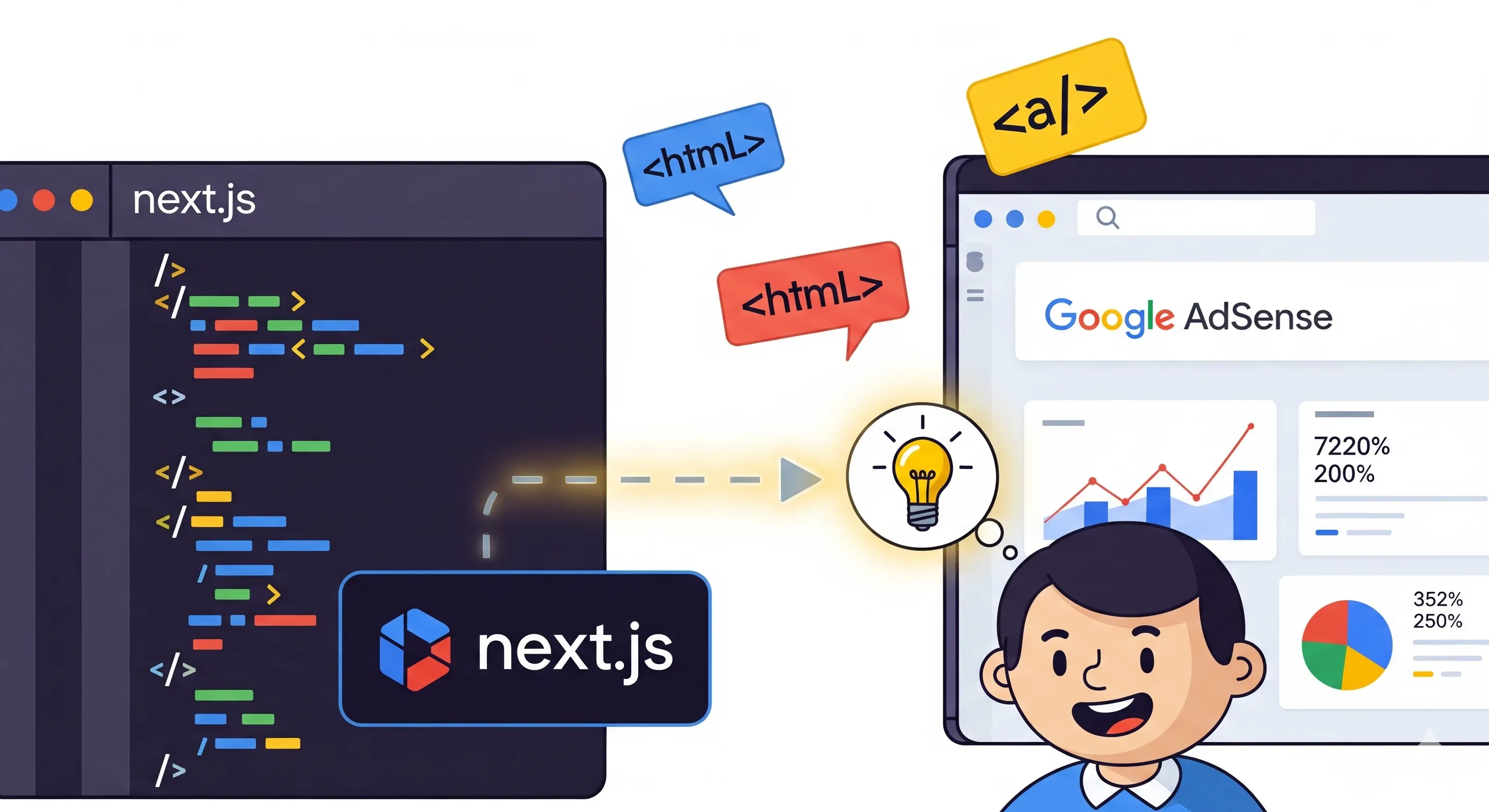 Logo Google AdSense ditampilkan di dalam kode Next.js, melambangkan proses integrasi.