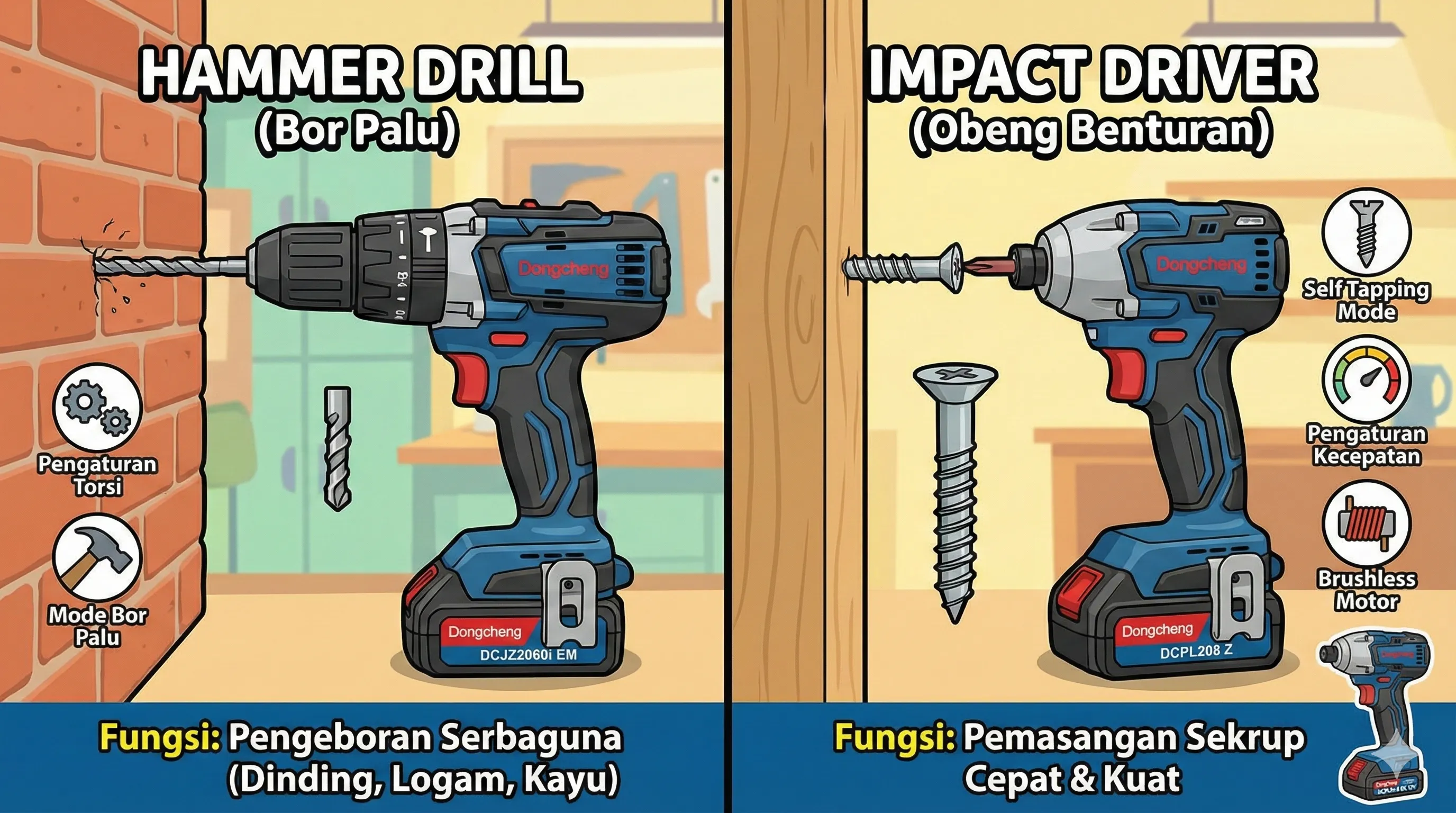 Perbandingan antara Hammer Drill dan Impact Driver.