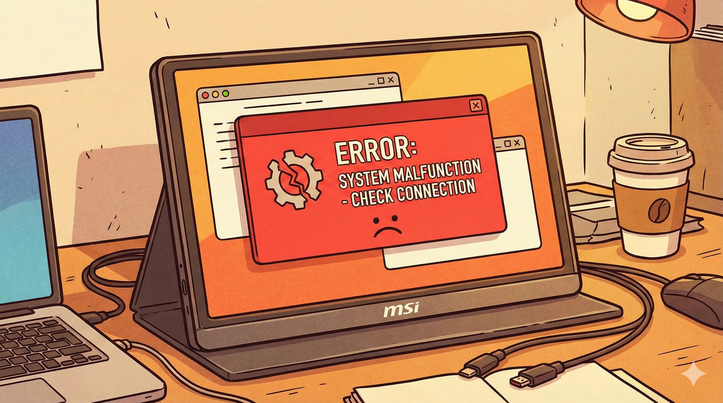 Monitor portable MSI PRO MP161 E2 dengan notifikasi error