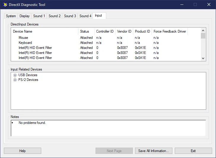 DxDiag tab Input