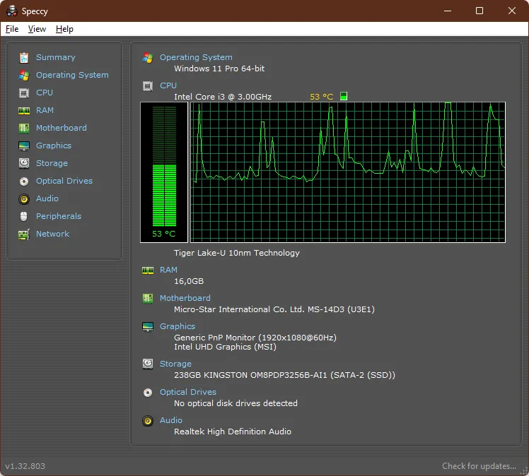 Tampilan monitoring suhu di Speccy
