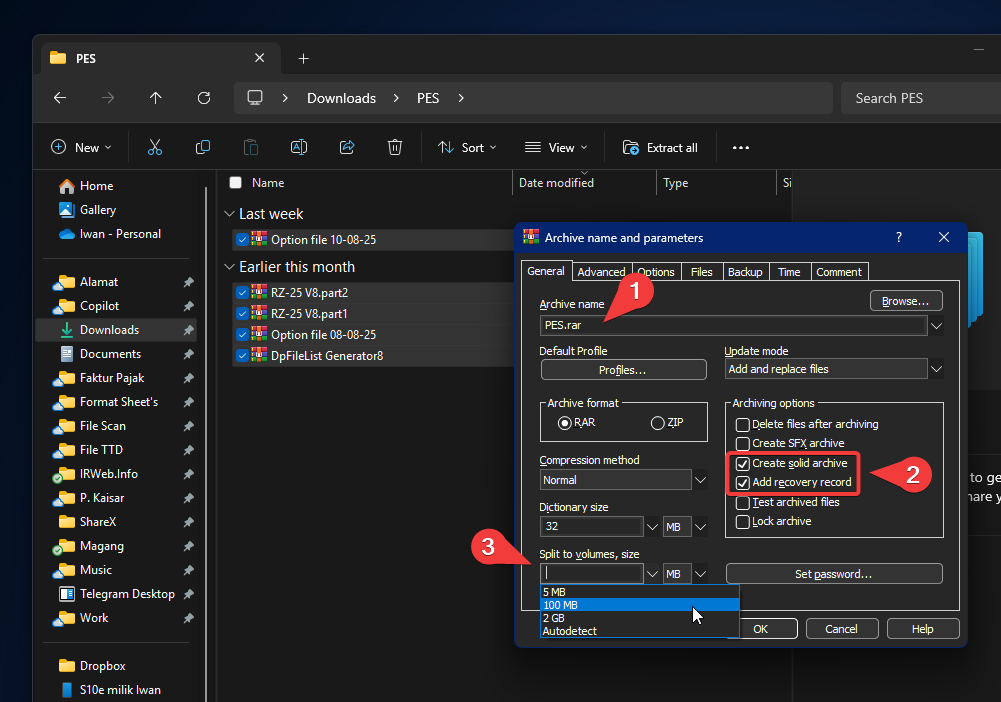 Tangkapan layar proses split file RAR dengan WinRAR di Windows 11.