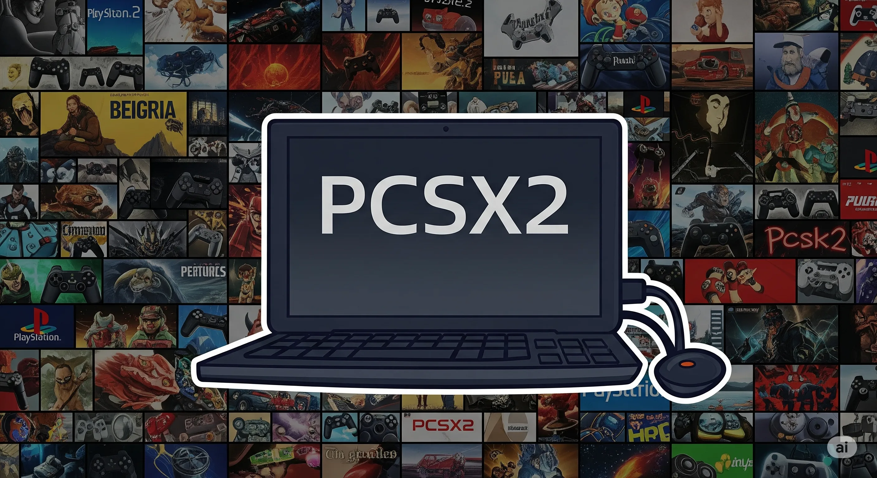 Logo emulator PCSX2 dengan latar belakang kolase game-game populer PlayStation 2.