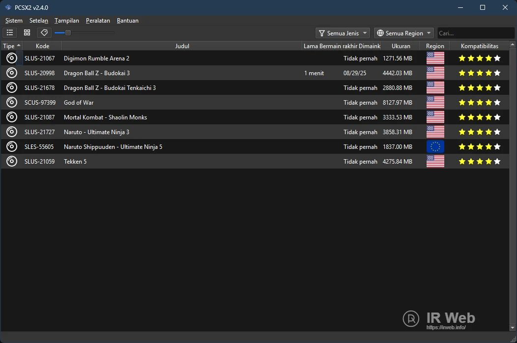 Tampilan antarmuka utama emulator PCSX2 versi terbaru.