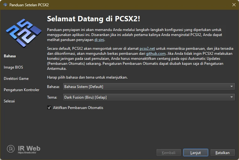 Langkah 1 Wizard PCSX2: Pemilihan bahasa dan tema aplikasi.
