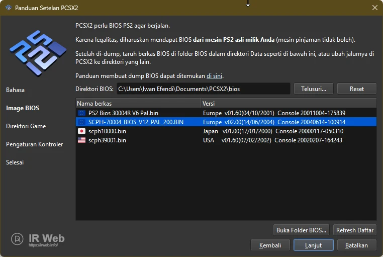 Langkah 2 Wizard PCSX2: Memilih file BIOS dari folder yang sudah disiapkan.