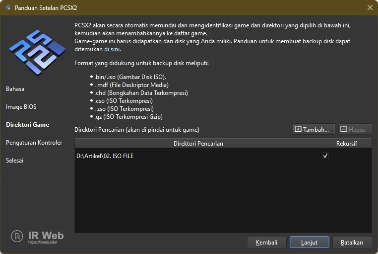 Langkah 3 Wizard PCSX2: Menentukan direktori atau folder untuk file game ISO.