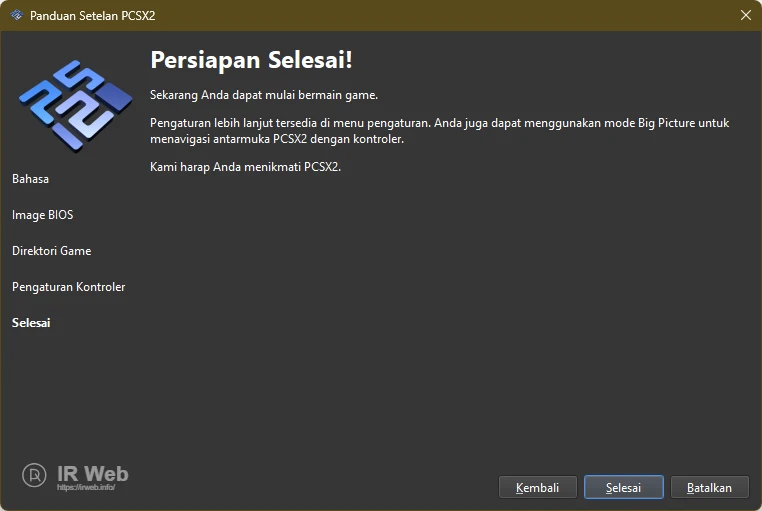 Langkah 5 Wizard PCSX2: Tampilan konfirmasi bahwa semua persiapan selesai.