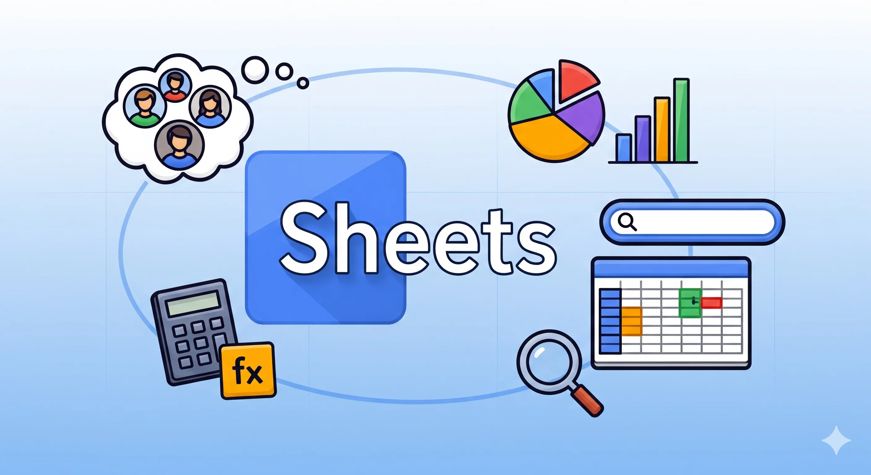 Logo Google Sheets dengan berbagai ikon fiturnya.