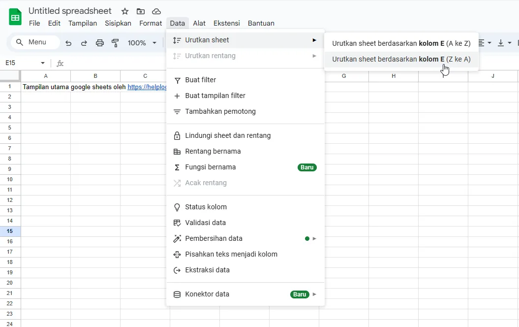 Tampilan menu Data di Google Sheets.
