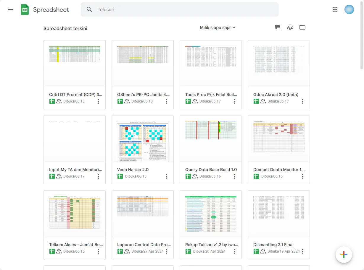 Tampilan layar awal (Start Screen) di Google Sheets.