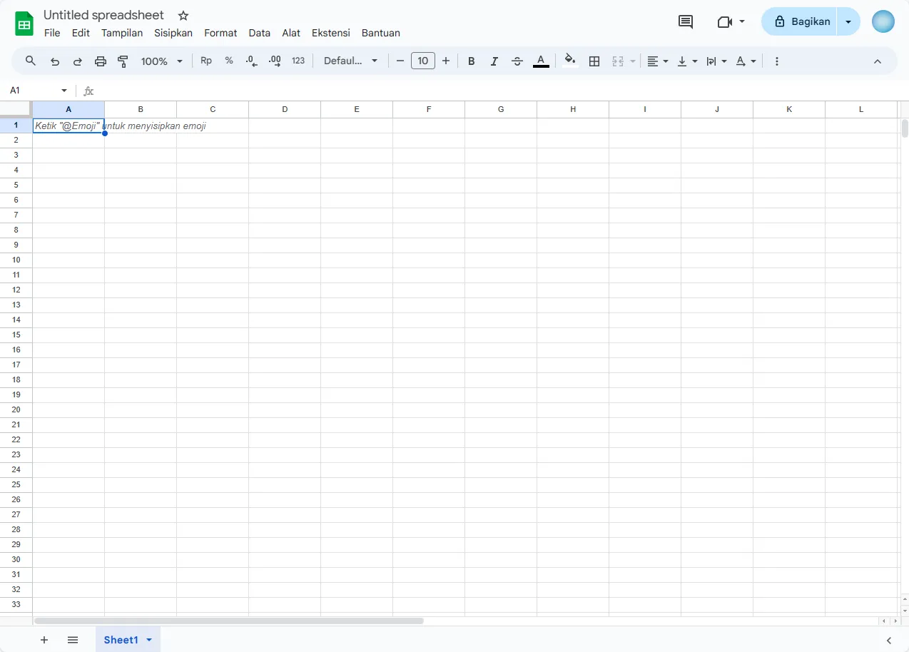 Tampilan utama lembar kerja kosong di Google Sheets.