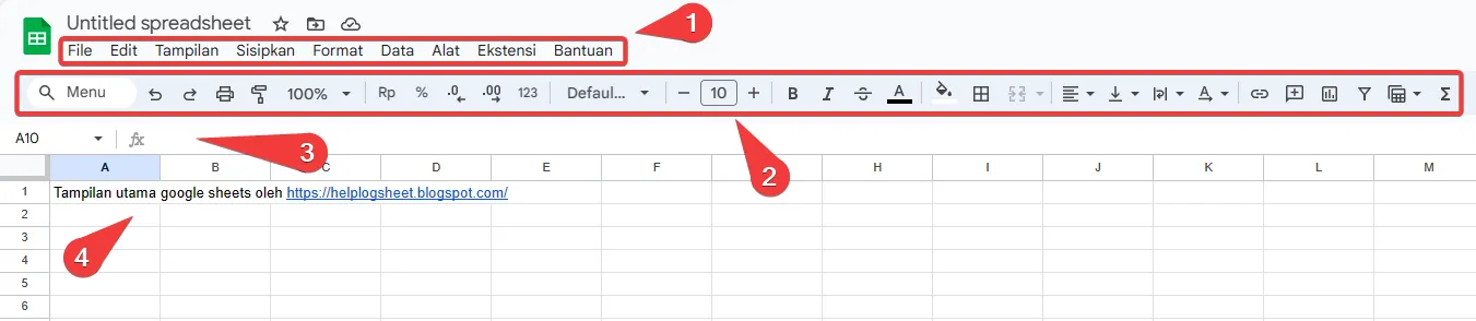 Anatomi jendela aplikasi Google Sheets yang menunjukkan toolbar, bilah menu, dan area sel.