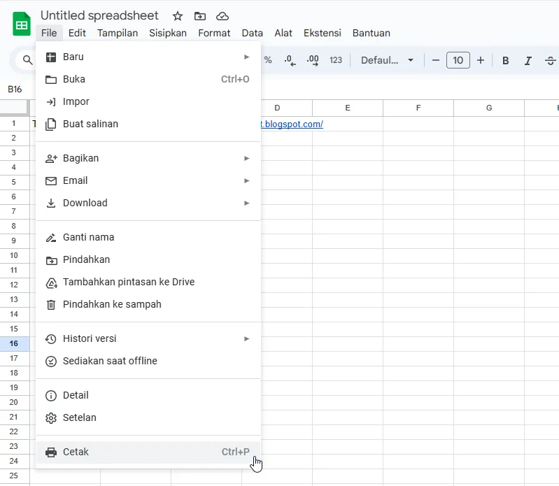 Tampilan menu File di Google Sheets.