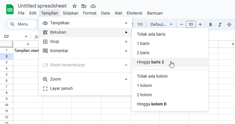 Tampilan menu View di Google Sheets.