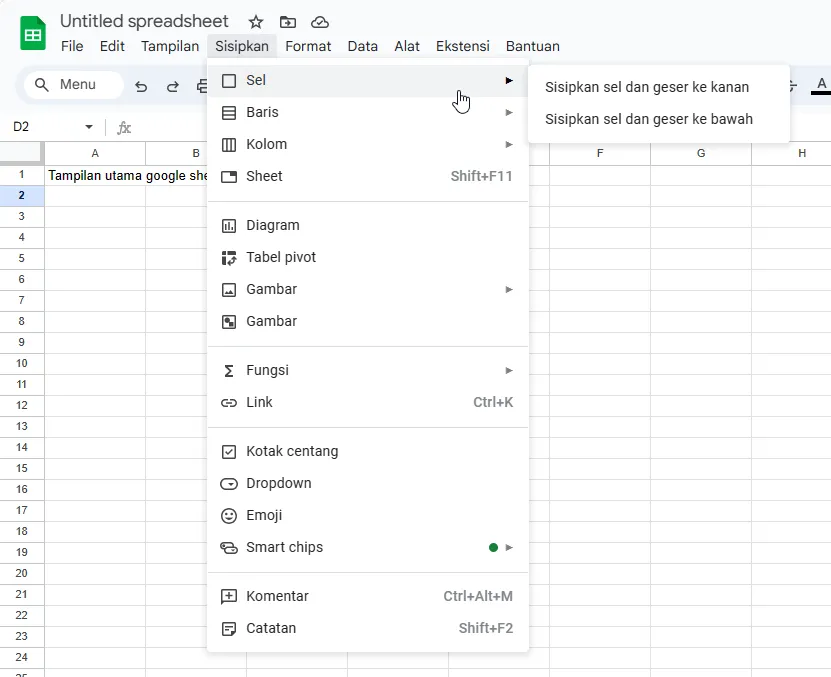 Tampilan menu Insert di Google Sheets.