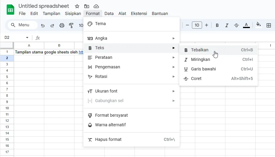 Tampilan menu Format di Google Sheets.