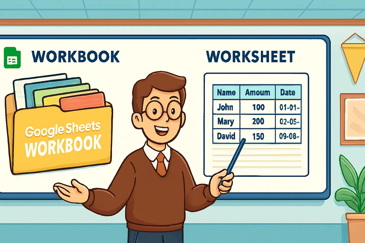 Ilustrasi yang menjelaskan perbedaan antara Workbook dan Worksheet di Google Sheets