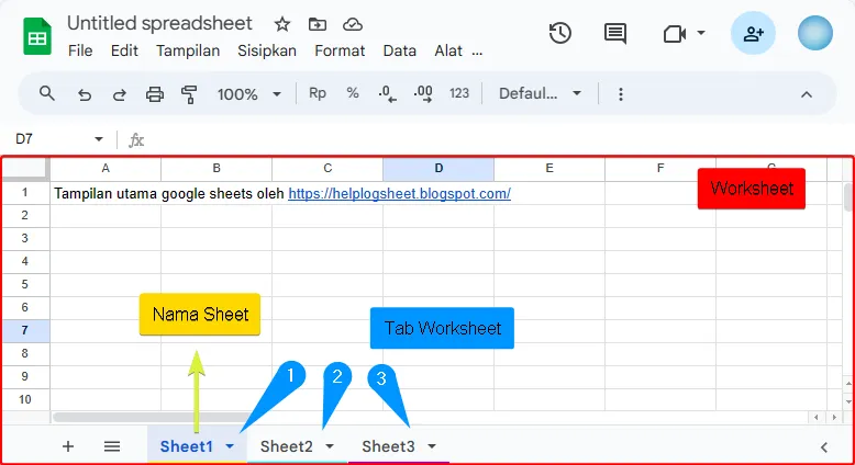 Tampilan yang menjelaskan perbedaan antara Workbook (keseluruhan file) dan Worksheet (tab di bagian bawah)