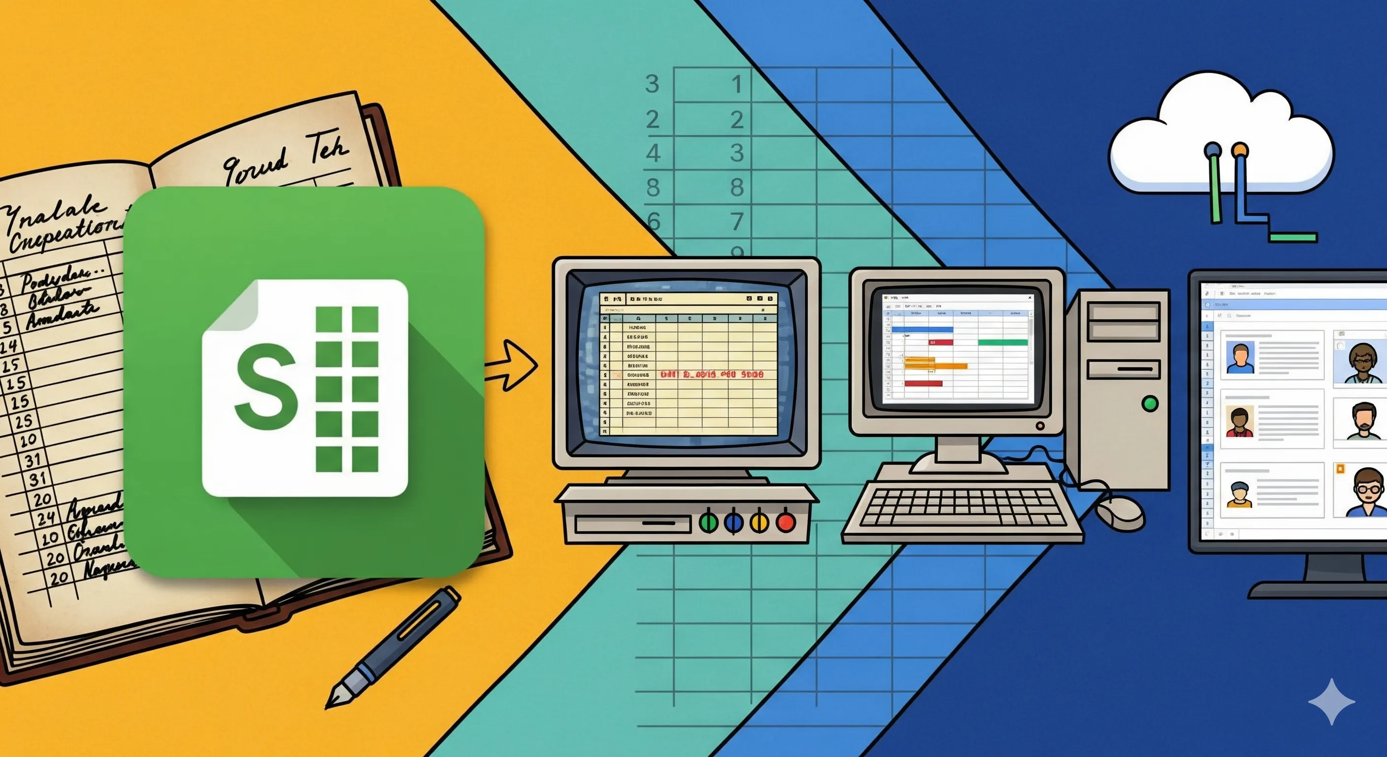 Logo Google Sheets dengan latar belakang evolusi spreadsheet.