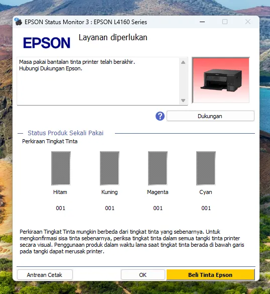 Tampilan awal Epson Adjustment Program