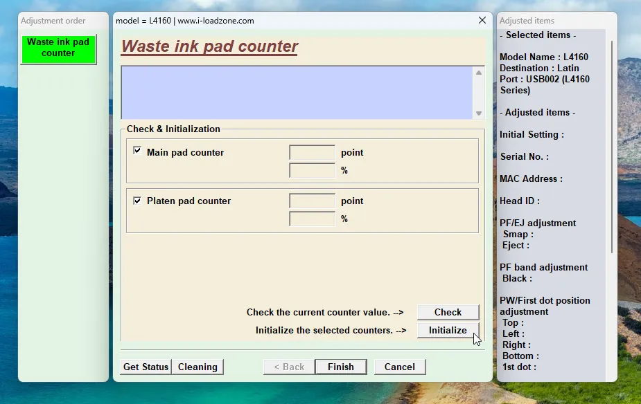 Mencentang Main pad counter dan klik Initialize