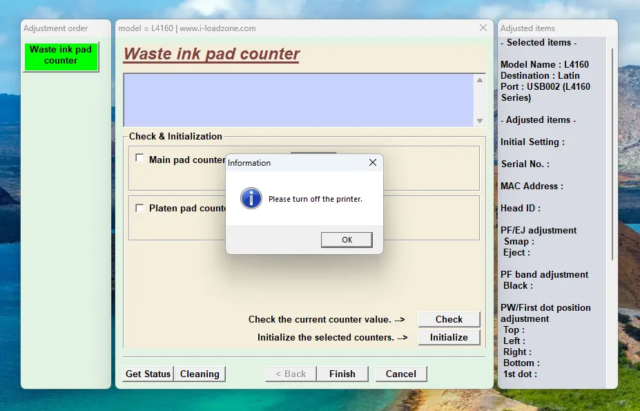 Proses reset selesai, printer perlu di-restart