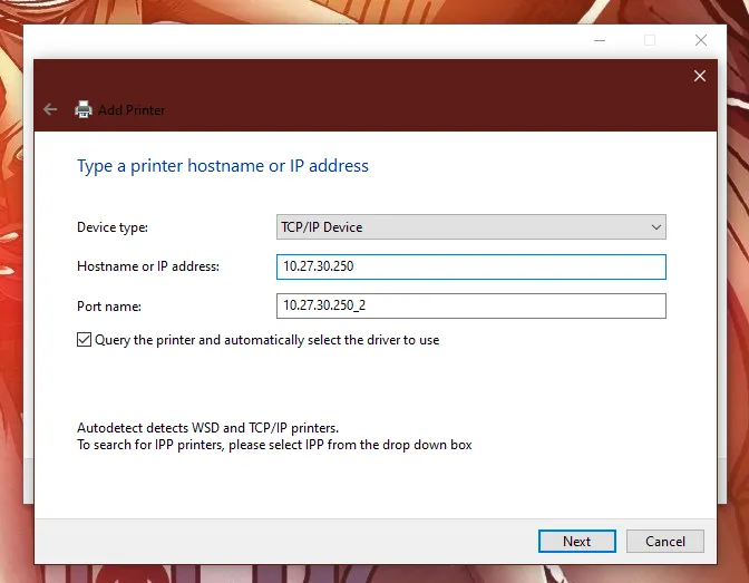 Jendela 'Add Printer' dengan alamat IP printer '192.168.1.100' dimasukkan.