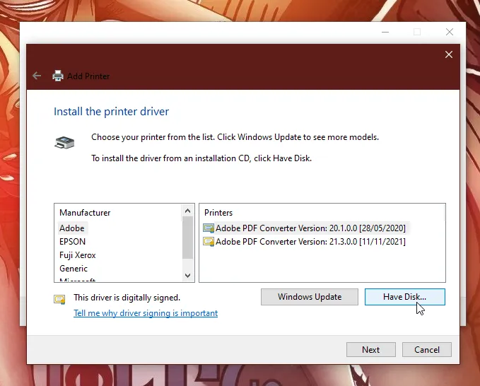 Jendela instalasi driver printer dengan tombol 'Have Disk...' disorot untuk memilih driver manual.