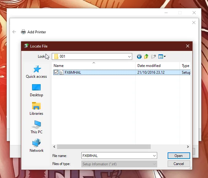 Jendela 'Install From Disk' yang menampilkan penelusuran file driver .inf dari folder instalasi.
