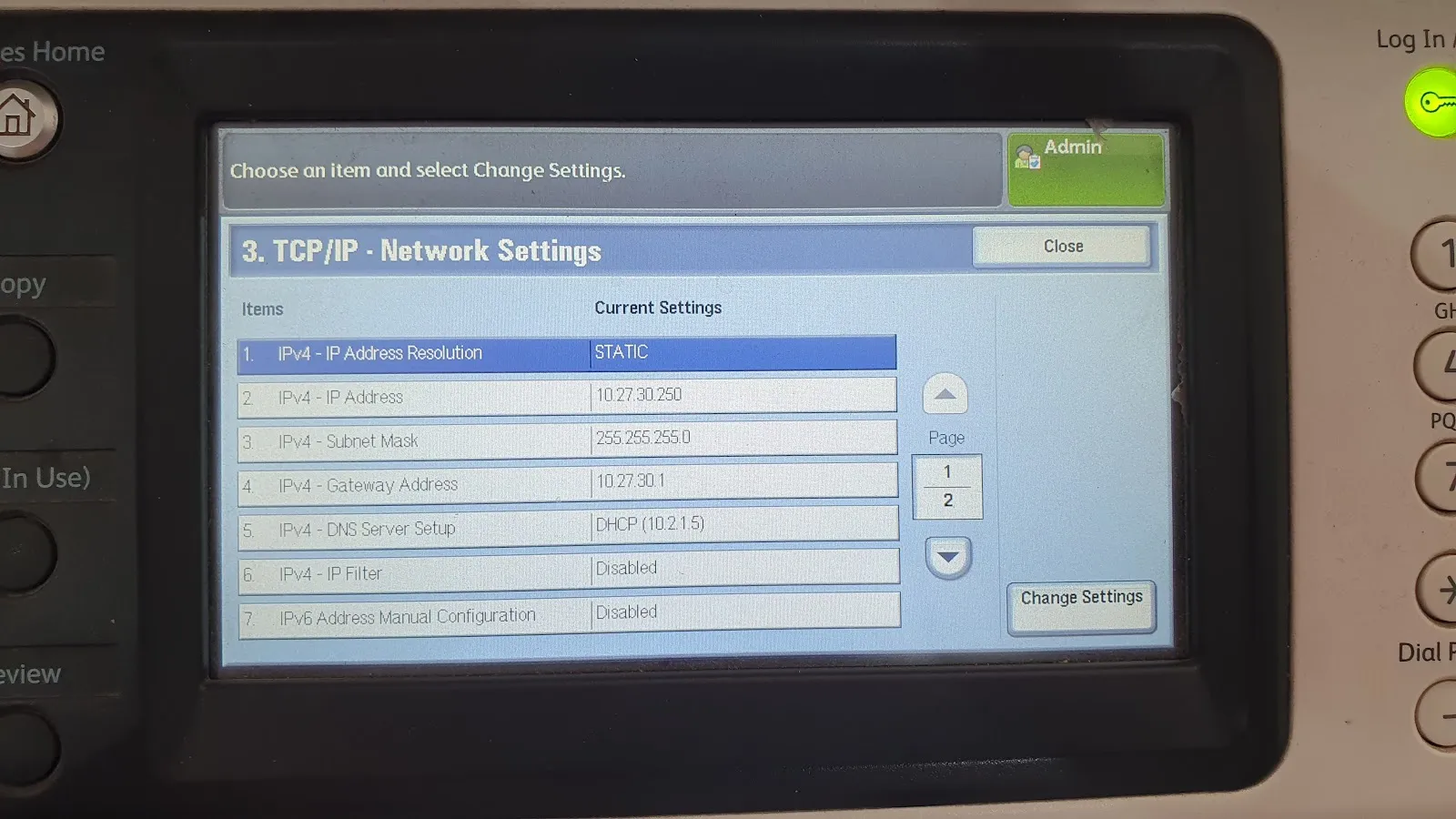 Tampilan layar printer yang menunjukkan konfigurasi IP statis telah diatur.