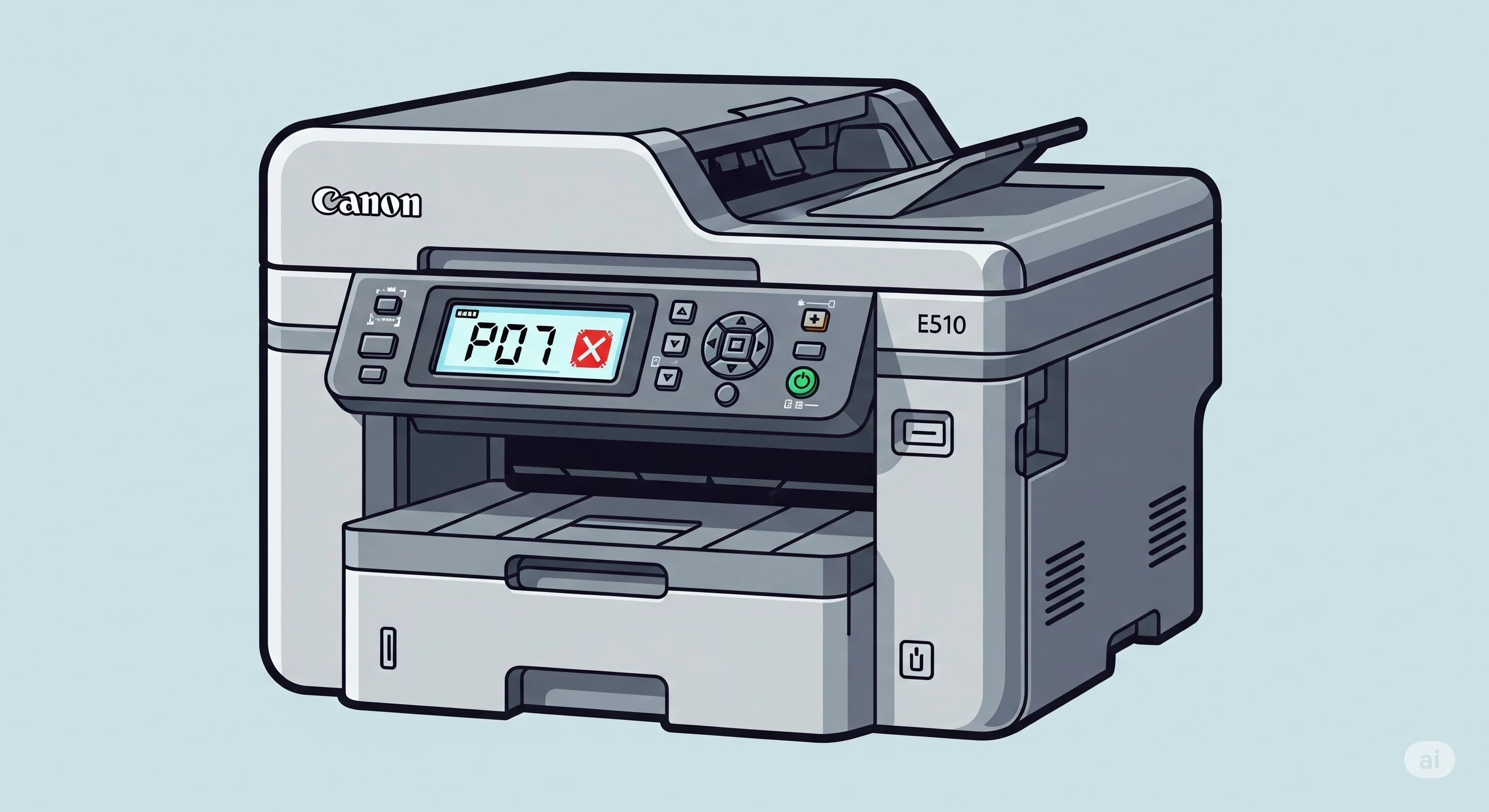 Printer Canon E510 menampilkan error P07 di layar LCD-nya.