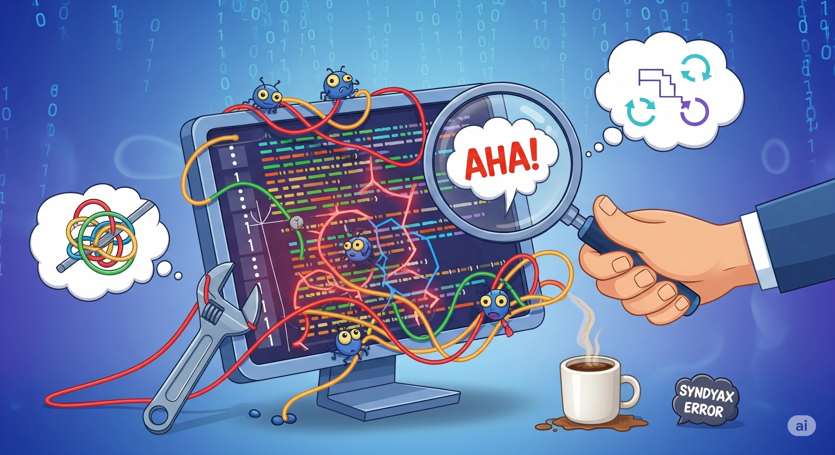 Sebuah ilustrasi abstrak representasi kode yang kompleks dan proses debugging