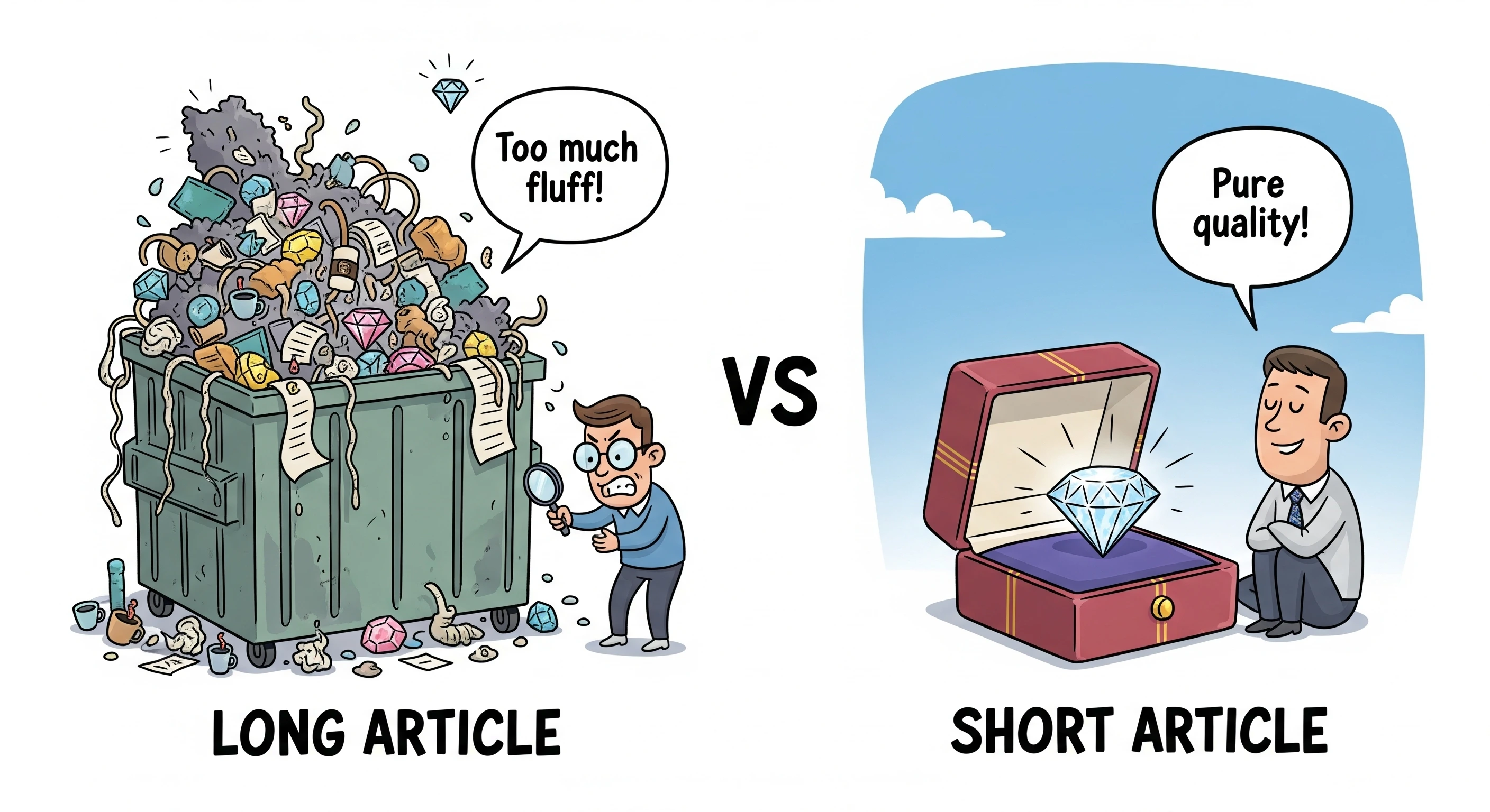 Ilustrasi perbandingan antara artikel panjang dan pendek, dengan fokus pada kualitas.