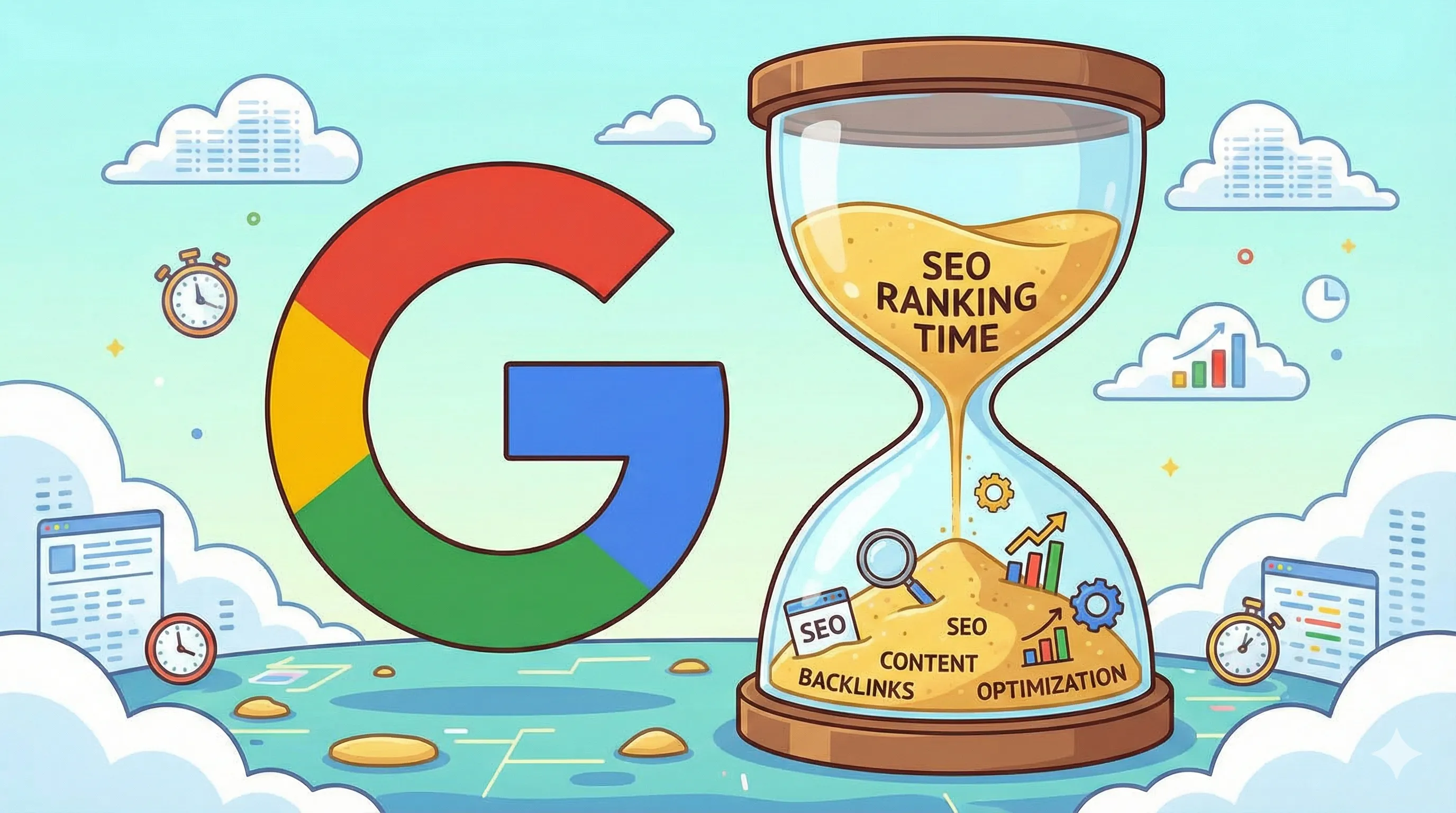Ilustrasi jam pasir di samping logo Google, melambangkan waktu yang dibutuhkan untuk peringkat SEO.