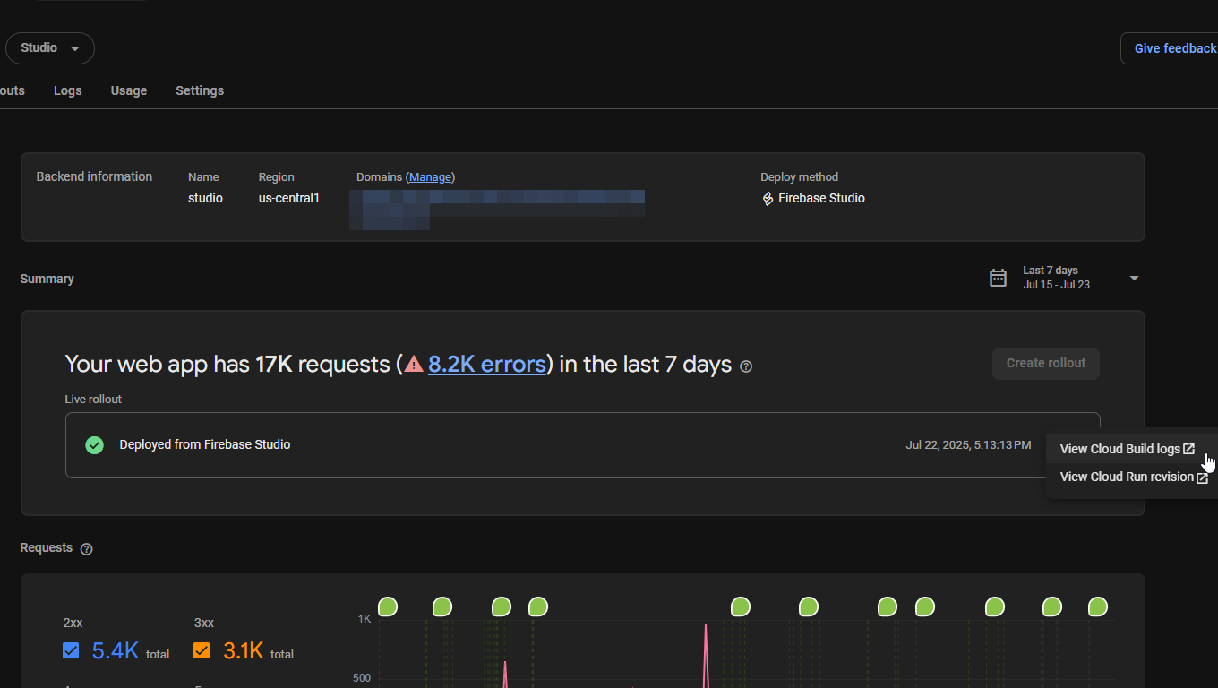 Tangkapan layar antarmuka Firebase Studio yang menyorot tombol 'View Logs' setelah proses build gagal.