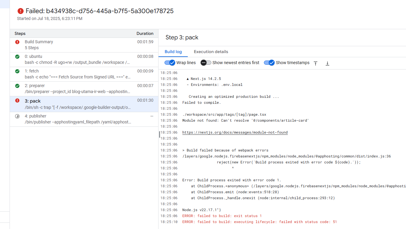 Contoh pesan error di log build, menyorot kata kunci seperti TypeError dan nama file komponen yang bermasalah.