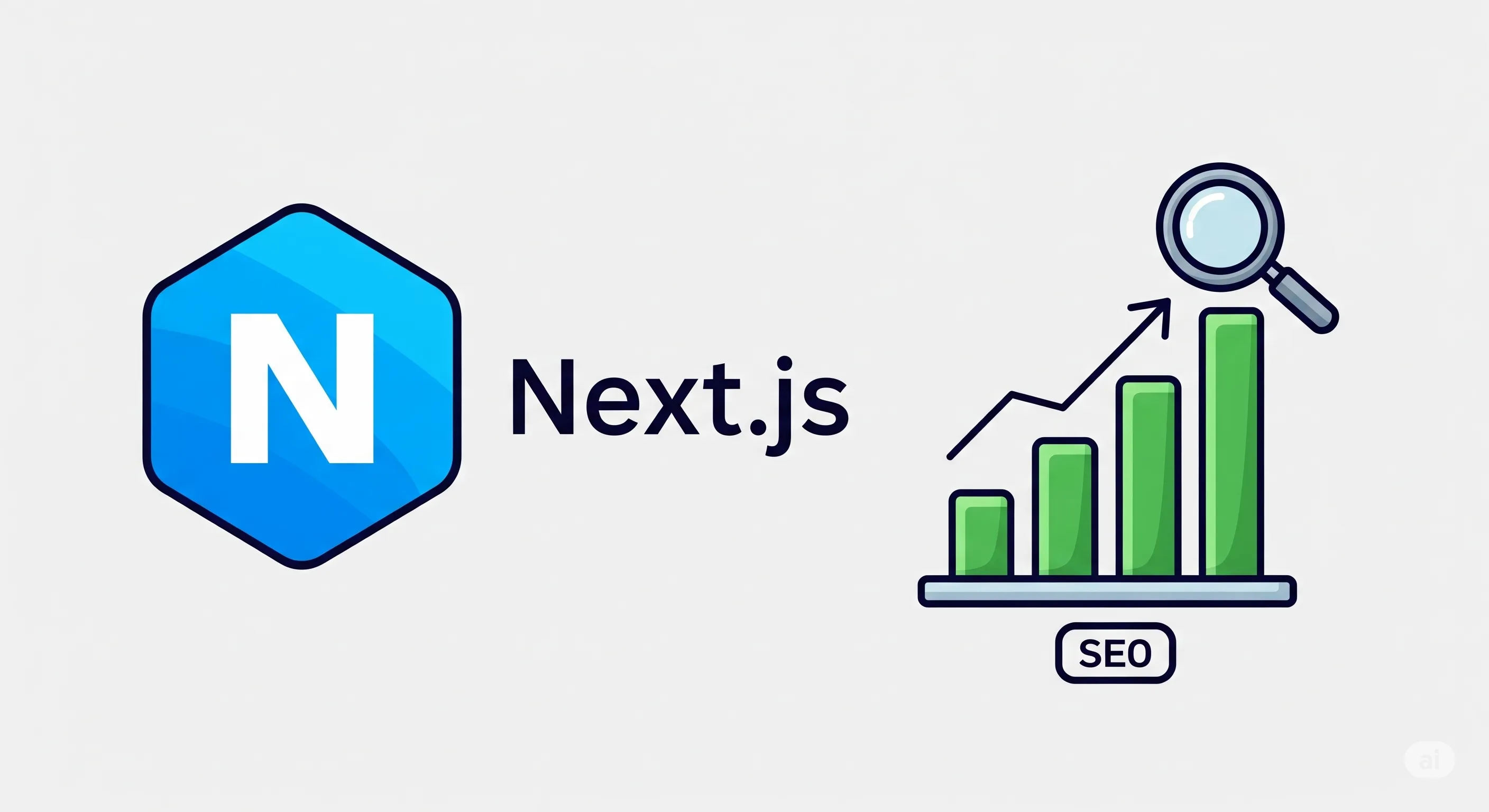 Logo Next.js di samping ikon peringkat SEO, melambangkan optimasi.