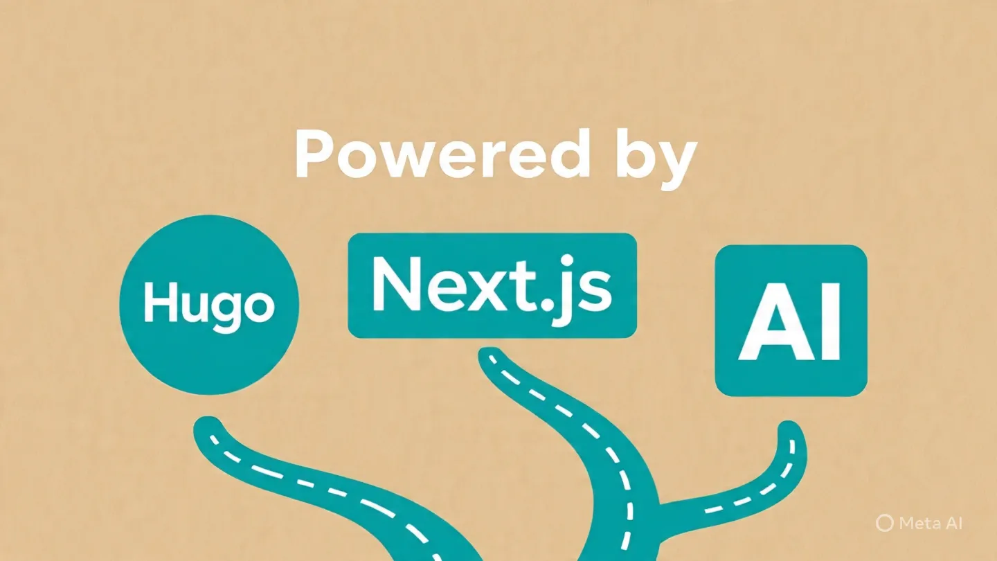Ilustrasi persimpangan jalan, satu jalan menuju logo Hugo, satu lagi menuju logo Next.js dan AI.