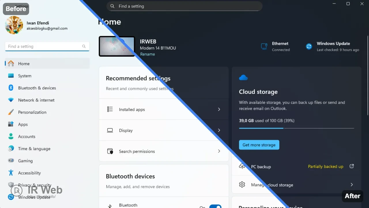 Perbandingan antarmuka aplikasi Pengaturan Windows 11 sebelum dan sesudah pembaruan KB5063878.