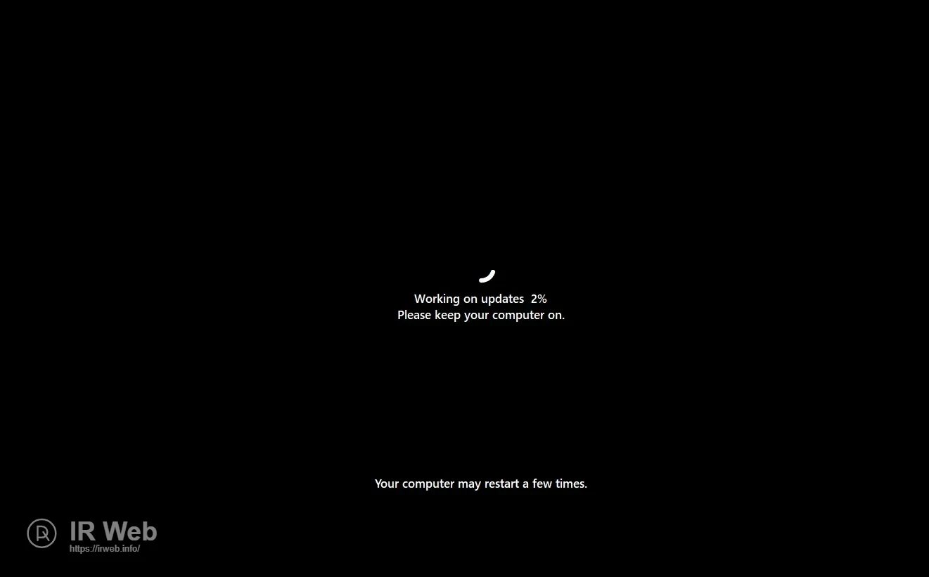 Tampilan proses instalasi pembaruan Windows dengan latar belakang hitam.